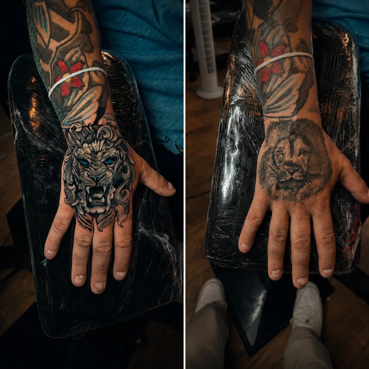 Lion hand cover-up, before and after