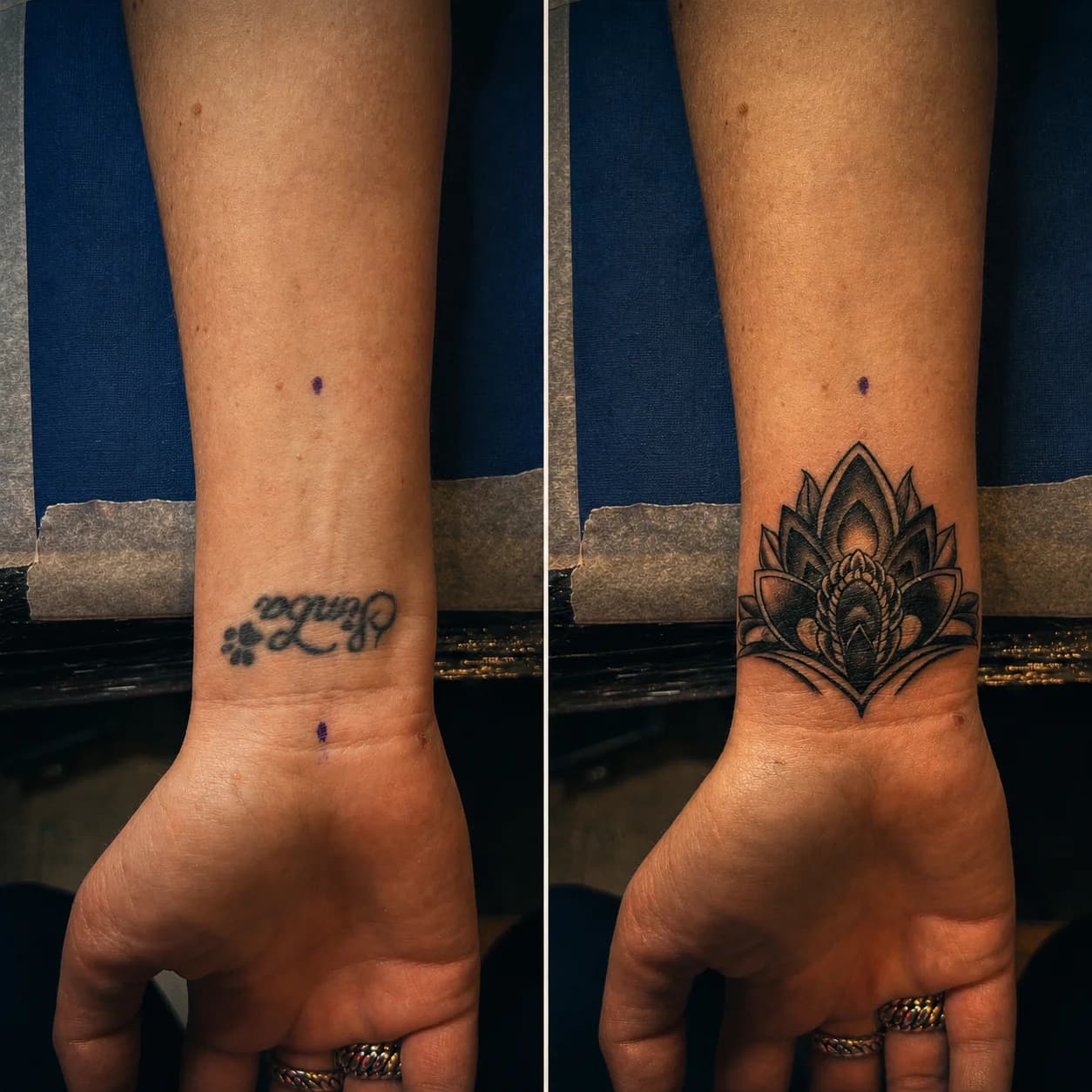 Lotus wrist cover-up, before and after