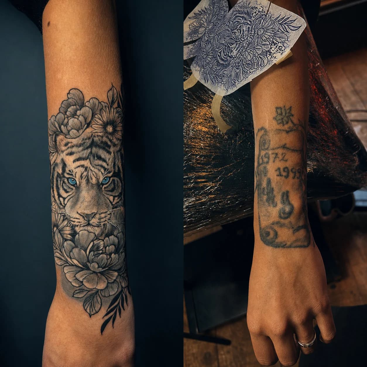 White tiger cover-up, before and after